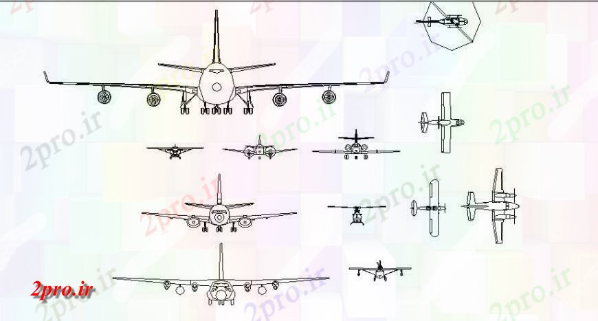 دانلود نقشه بلوک وسایل نقلیه هواپیما هوا پویا و هلیکوپتر نماات  بلوک جزئیات  (کد130529)