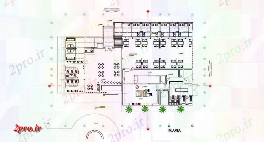 دانلود نقشه مبلمان رستوران - غذا خوری - فست فود - هتلپلان رستوران بالا را با اطلاعات funiture ناهار خوری 23 در 35 متر (کد130688)