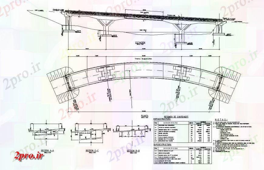 دانلود نقشه جزئیات ساخت پل طرح، نما و بخش از ساختار پل  بلوک ساخت و ساز  (کد130699)