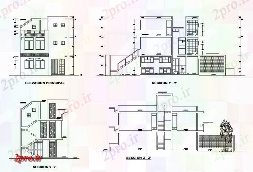 دانلود نقشه مسکونی ، ویلایی ، آپارتمان نما اصلی و تمام طرفه جزئیات مقطعی از دو طبقه خانه 6 در 17 متر (کد130779)