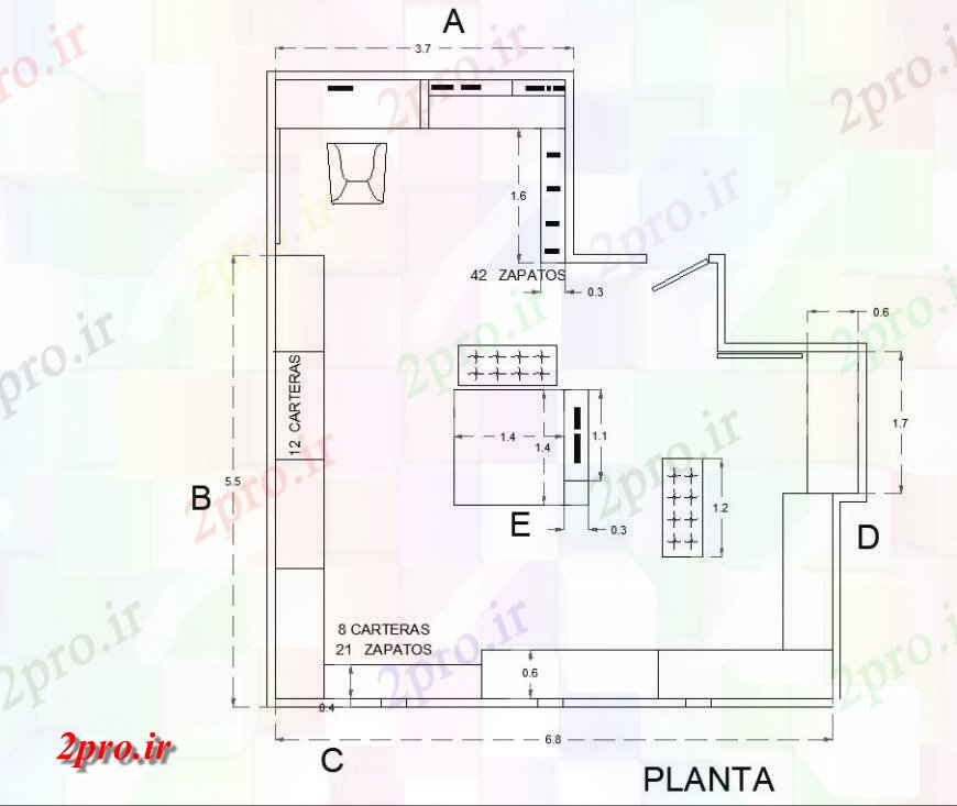 دانلود نقشه ساختمان اداری - تجاری - صنعتی فروشگاه کفش طراحی با طرحی 7 در 7 متر (کد130850)