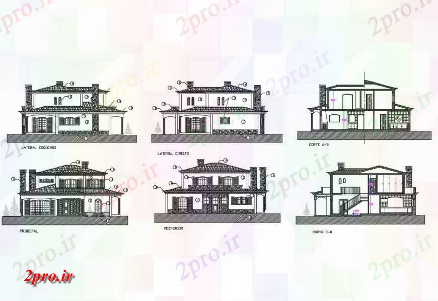 دانلود نقشه مسکونی  ، ویلایی ، آپارتمان  پرتغال دو سطح خانه همه نما طرفه و جزئیات مقطعی  (کد130905)