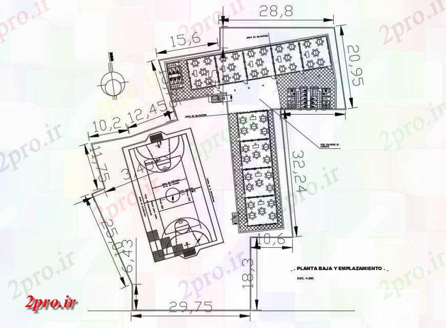 دانلود نقشه دانشگاه ، آموزشکده ، مدرسه ، هنرستان ، خوابگاه - طبقه همکف و نقشه محل جزئیات از مدرسه ساخت 7 در 35 متر (کد130920)