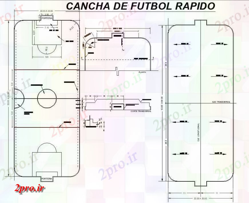 دانلود نقشه ورزشگاه ، سالن ورزش ، باشگاه طراحی زمین فوتبال سریع در اتوکد 30 در 53 متر (کد130936)