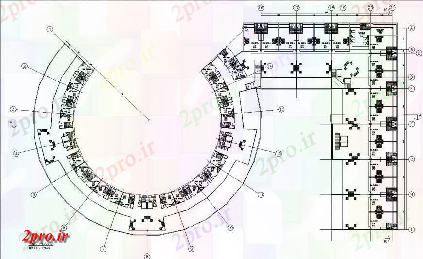 دانلود نقشه هتل - رستوران - اقامتگاه هتل طرحی مبلمان طرحی گرد در اتوکد 70 در 122 متر (کد130948)