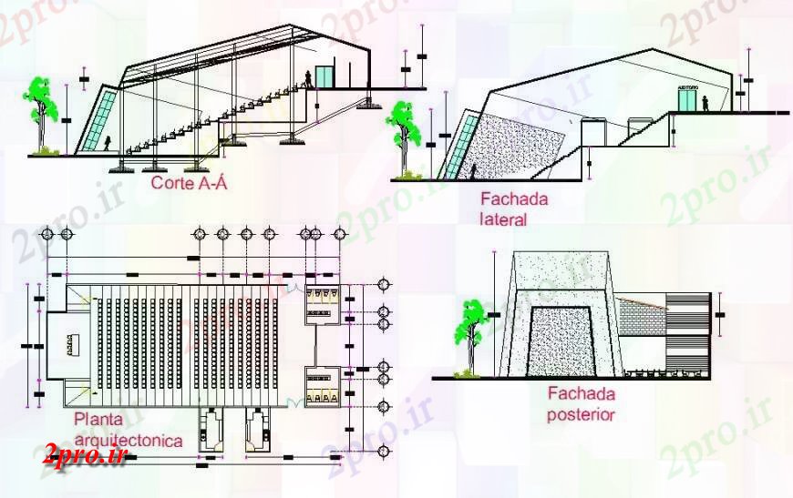 دانلود نقشه تئاتر چند منظوره - سینما - سالن کنفرانس - سالن همایشتئاتر جزئیات ساختمان طرح، نما و بخش بلوک ساختاری  (کد131020)