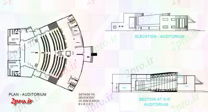 دانلود نقشه تئاتر چند منظوره - سینما - سالن کنفرانس - سالن همایشبخش، برنامه ریزی و نما سالن ساخت دو بعدی نظر 55 در 65 متر (کد131038)
