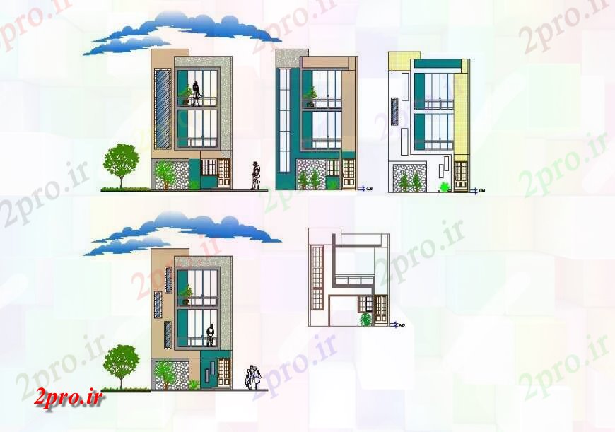 دانلود نقشه مسکونی  ، ویلایی ، آپارتمان  جزئیات نمای دو طبقه خانه  بلوک (کد131137)