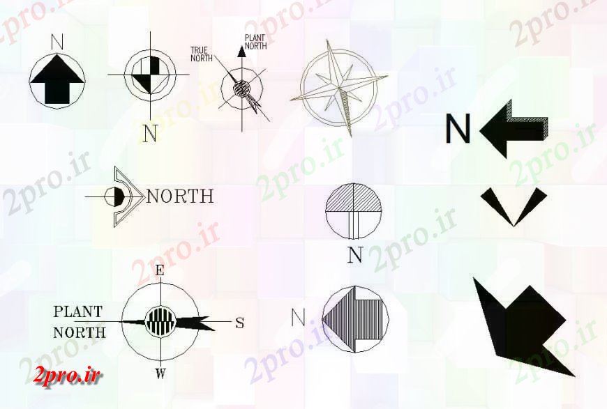 دانلود نقشه بلوک ، آرام ، نماد علامت فلش نشان دهنده شمالی  اتوکد (کد131149)