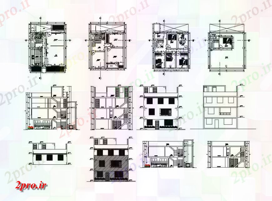 دانلود نقشه مسکونی ، ویلایی ، آپارتمان چند خانواده نما خانه ساخت و ساز، بخش، برنامه ریزی و خودکار جزئیات 8 در 8 متر (کد131168)