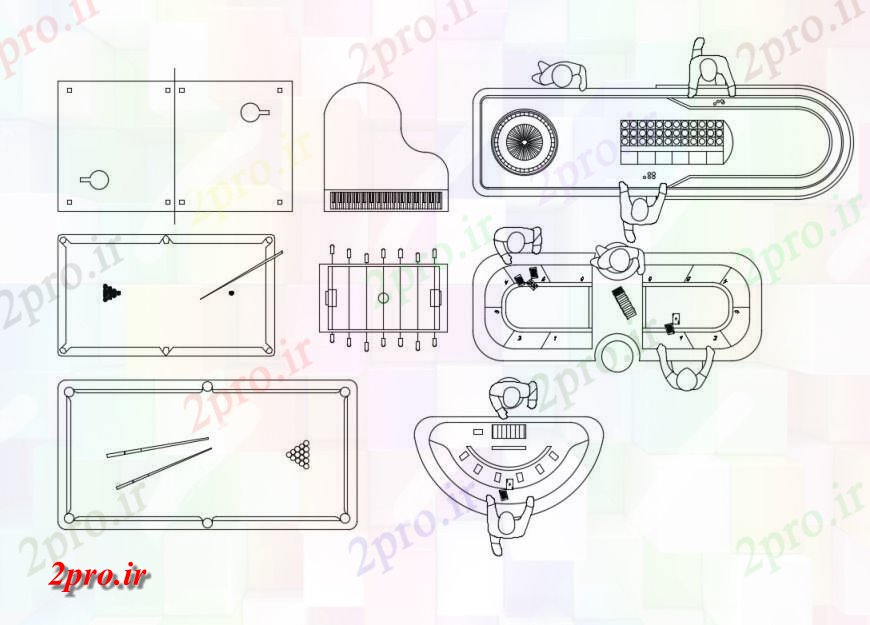 دانلود نقشه بلوک میز و صندلیبلوک های بازی جدول های متعدد نما  (کد131185)