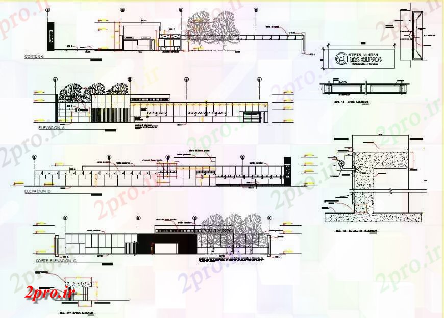 دانلود نقشه ساختمان دولتی ، سازمانی بیمارستان شهرداری دیوار داخلی طراحی نما اتوکد 32 در 35 متر (کد131262)