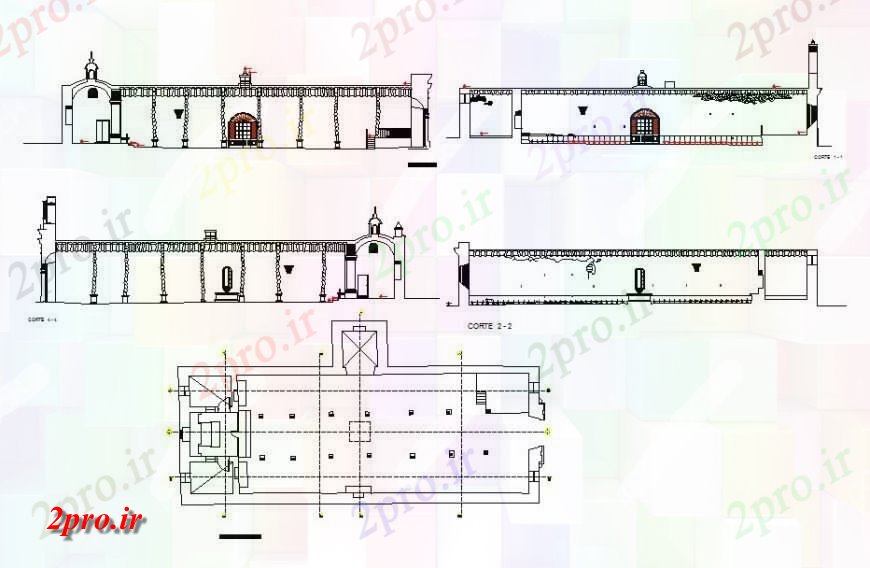 دانلود نقشه کلیسا - معبد - مکان مذهبی معبد  ساختمان طرحی  دو بعدی ، نما و بخش  چیدمان اتوکد (کد131293)