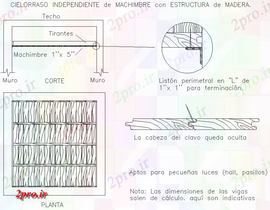 دانلود نقشه طراحی جزئیات تقویت کننده سقف مستقل از machimbre با طرحی ساختار های چوبی و بخش جزئیات (کد131355)