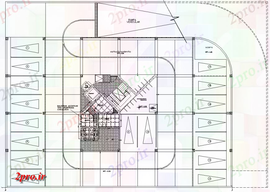 دانلود نقشه بلوک ، آرام ، نماد پارکینگ زیرزمین ساختمان تجاری  طراحی (کد131375)