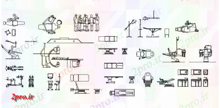 دانلود نقشه بیمارستان - درمانگاه - کلینیک صندلی دندانپزشک و بیمارستان و تجهیزات بلوک دو بعدی جزئیات 4 در 6 متر (کد131625)