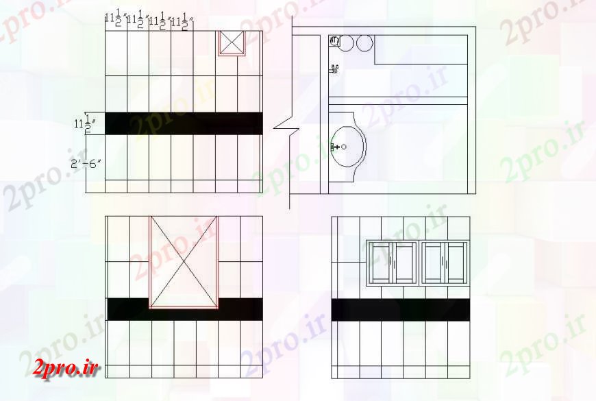 دانلود نقشه حمام مستر منطقه دوش و جزئیات لگن سرویس بهداشتی - دستشویی طراحی  اتوکد (کد131660)