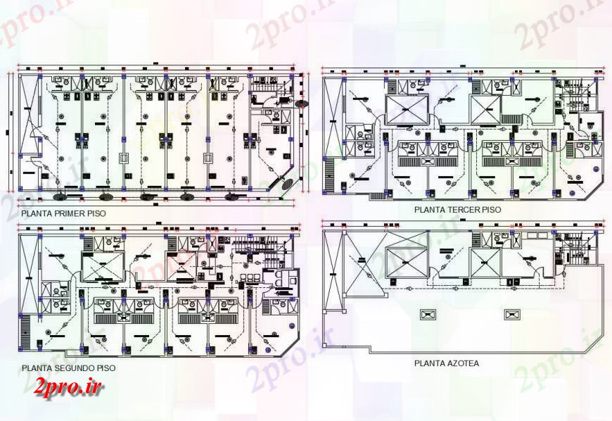 دانلود نقشه هتل - رستوران - اقامتگاه جزئیات نصب و راه اندازی لوله کشی از چهار طبقه از هتل ساخت 10 در 23 متر (کد131732)