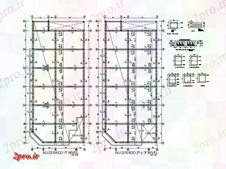 دانلود نقشه جزئیات ساخت و ساز طرحی بنیاد طبقه اول، دوم و سوم هتل ساخت 10 در 24 متر (کد131735)
