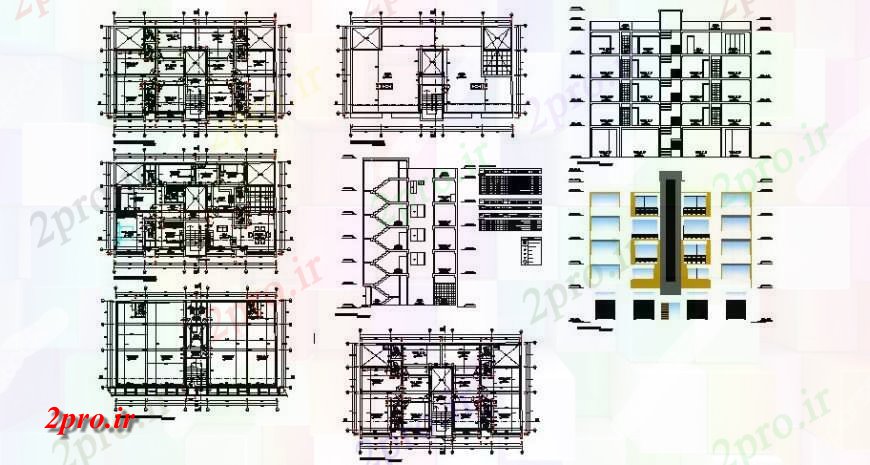 دانلود نقشه ساختمان مرتفعنما، طرحی و بخش جزئیات از بلند ساخت طرحی بلوک ساختاری (کد131760)