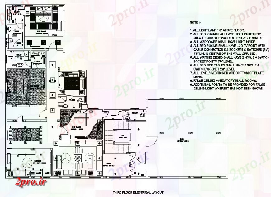دانلود نقشه برق مسکونی طبقه سوم خانههای ویلایی الکتریکی چیدمان 20 در 26 متر (کد131802)