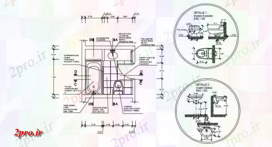 دانلود نقشه بلوک های بهداشتی حمام مبلمان بالای صفحه جزئیات 2 در 2 متر (کد131817)