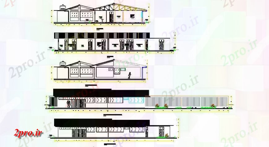 دانلود نقشه بیمارستان - درمانگاه - کلینیک کلینیک بهداشت تمام نما و مقطعی جزئیات طرفه 12 در 14 متر (کد131819)