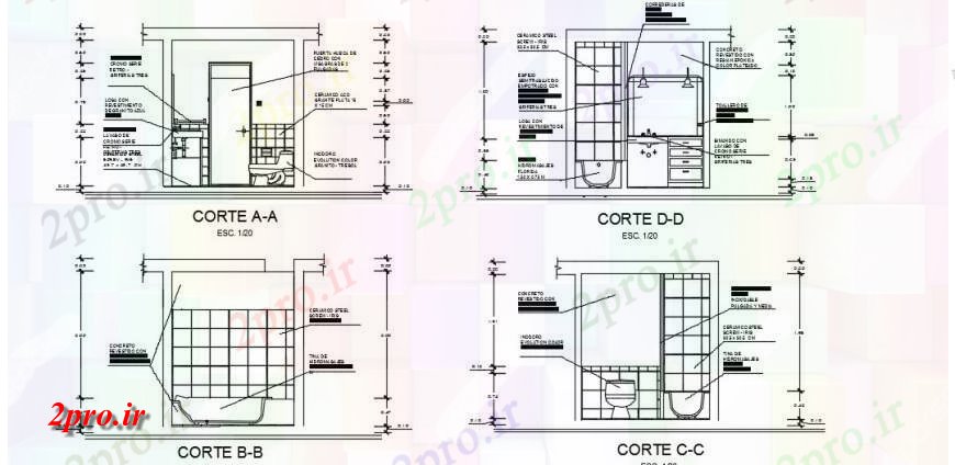 دانلود نقشه حمام مستر حمام نما مقطعی جزئیات مبلمان 2 در 2 متر (کد131956)