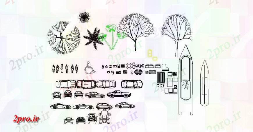 دانلود نقشه بلوک ، آرام ، نماد وسیله حمل و نقل و گیاهان علامت جزئیات  چیدمان  دو بعدی   (کد131958)