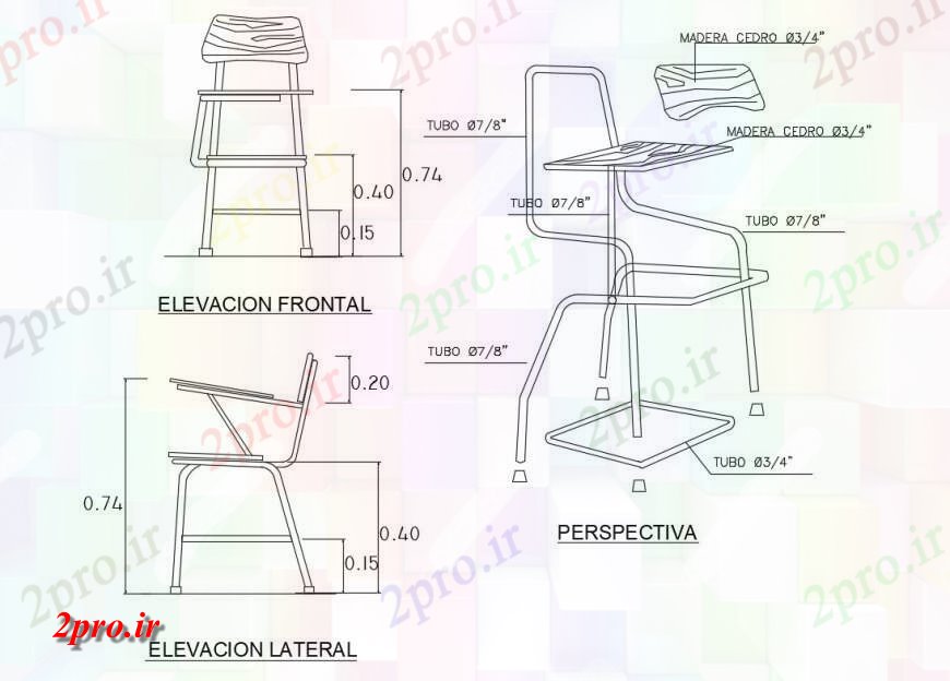 دانلود نقشه میز و صندلی آلومینیوم نما صندلی دانشجویی و دیدگاه  (کد131978)