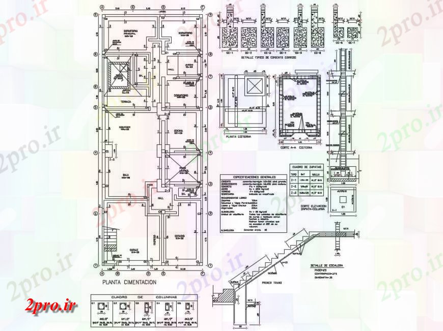 دانلود نقشه جزئیات ساخت و ساز بنیاد، راه پله و جزئیات سازنده ساخت (کد131989)