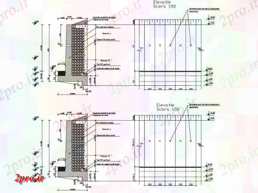 دانلود نقشه جزئیات ساخت و ساز جزئیات ساختار سازنده دیوار حائل (کد132001)
