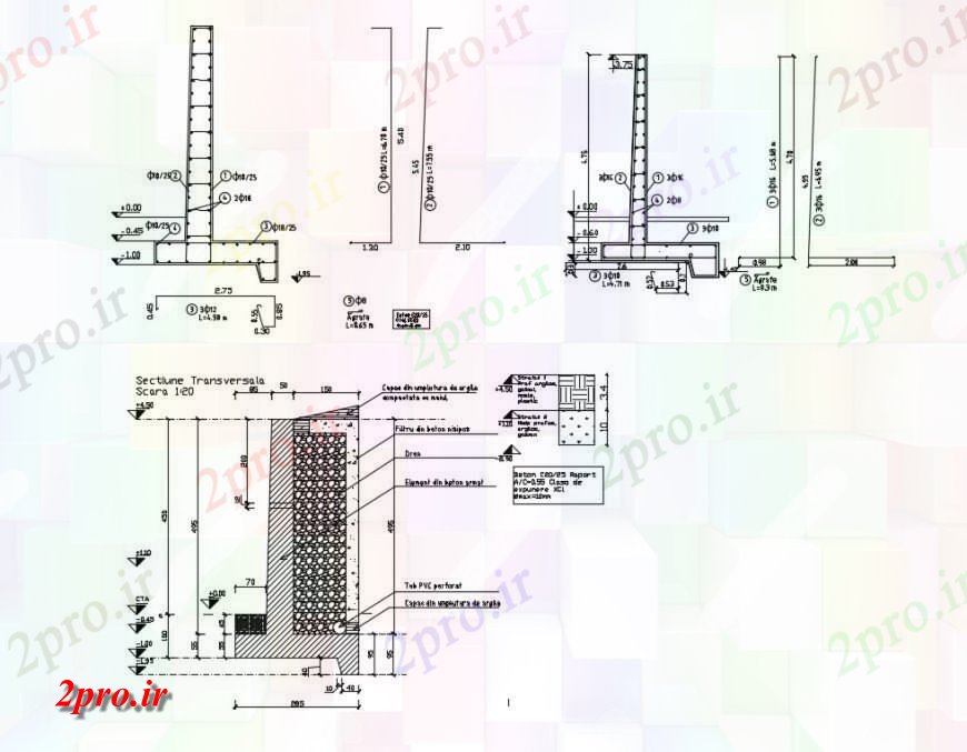 دانلود نقشه جزئیات ساخت و ساز دیوار حائل  ساخت و ساز طراحی جزئیات  (کد132002)