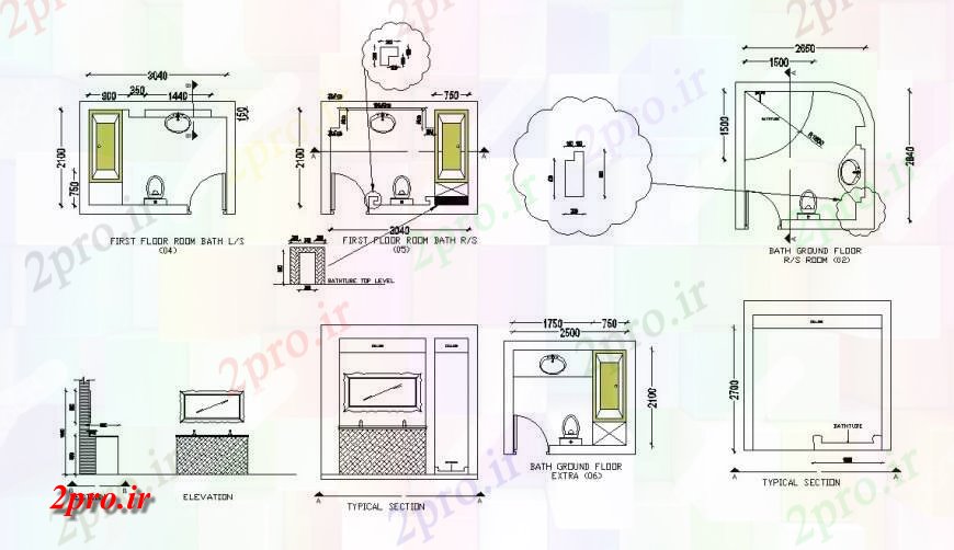 دانلود نقشه حمام مستر طرحی حمام و جزئیات نما اتوکد 20 در 38 متر (کد132061)