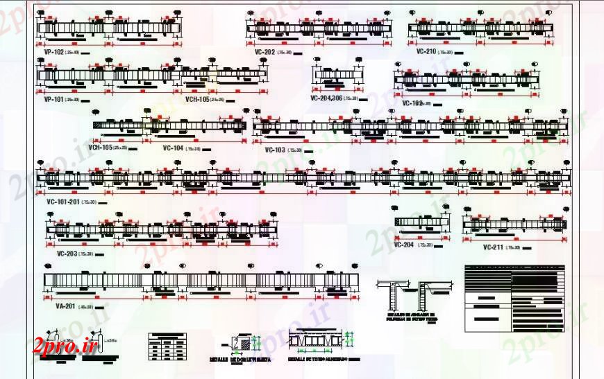 دانلود نقشه جزئیات ستون جزئیات ساختاری تیرها و ستون اتصال دو بعدی واحد ساخت و ساز 7 در 31 متر (کد132105)