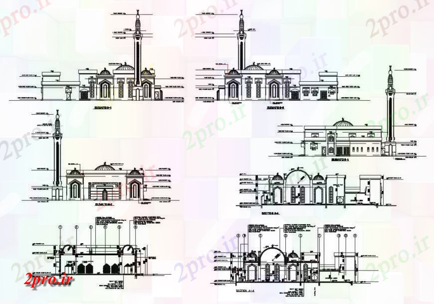 دانلود نقشه کلیسا - معبد - مکان مذهبی مذهبی  مسجد از نوع کلاسیک تمام نما طرفه و جزئیات مقطعی (کد132163)