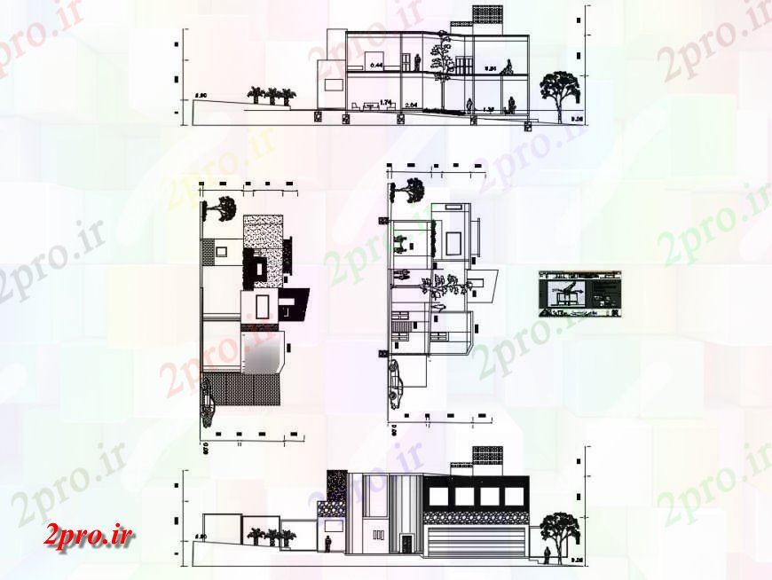 دانلود نقشه مسکونی  ، ویلایی ، آپارتمان  دو طبقه یک خانه خانواده نما و نما عقب و بخش جزئیات  (کد132170)