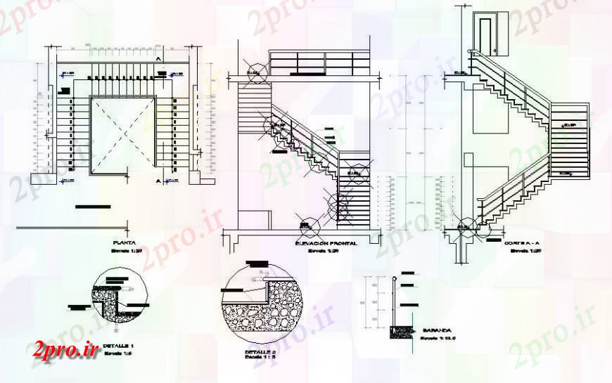دانلود نقشه جزئیات پله و راه پله   طرح، نما و بخش از پله جزئیات ساخت و ساز بلوک ساختاری طرح (کد132181)