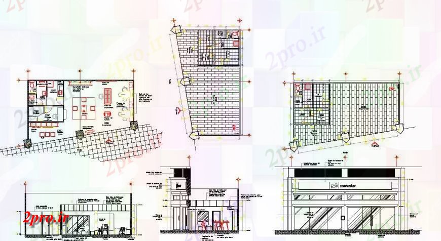 دانلود نقشه نمایشگاه ; فروشگاه - مرکز خرید طرحی جزئیات فروشگاه، نما و بخش بلوک ساخت و ساز 7 در 12 متر (کد132203)
