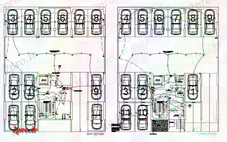 دانلود نقشه طراحی داخلی زیرزمین سیستم پارکینگ اتصالات الکتریکی   چیدمان  دو بعدی  اتوکد (کد132266)