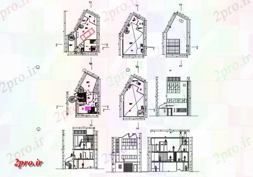 دانلود نقشه مسکونی ، ویلایی ، آپارتمان جزئیات آپارتمان مسکونی طرح، نما و بخش دو بعدی بلوک 9 در 13 متر (کد132295)
