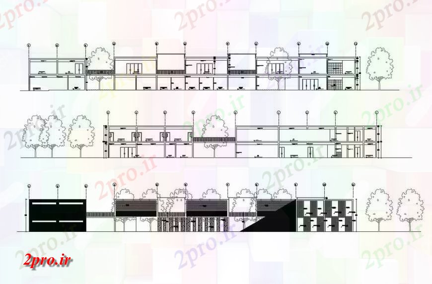 دانلود نقشه ساختمان اداری - تجاری - صنعتی بررسی نما مرکز و بخش جزئیات 62 در 77 متر (کد132322)