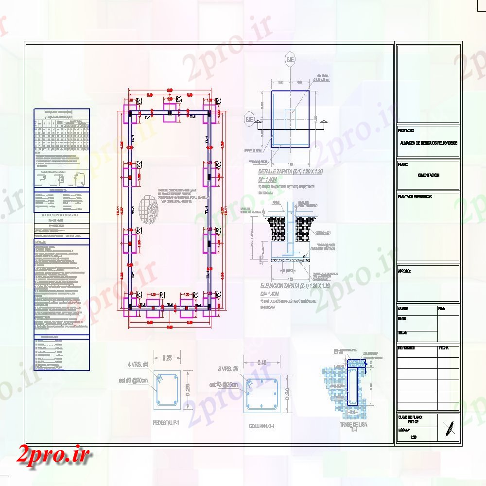 دانلود نقشه جزئیات ساخت و ساز بنیاد و ستون طرحی جزئیات (کد132401)