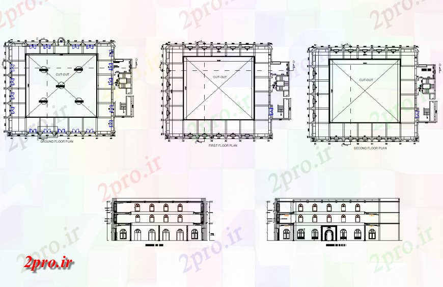 دانلود نقشه ساختمان اداری - تجاری - صنعتی طرحی و قوس نما طراحی 25 در 34 متر (کد132436)