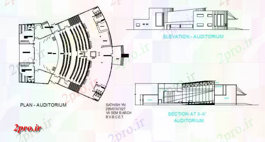 دانلود نقشه تئاتر چند منظوره - سینما - سالن کنفرانس - سالن همایشطرح، نما و بخش جزئیات از سالن ساخت جزئیات دو بعدی بلوک 55 در 65 متر (کد132449)