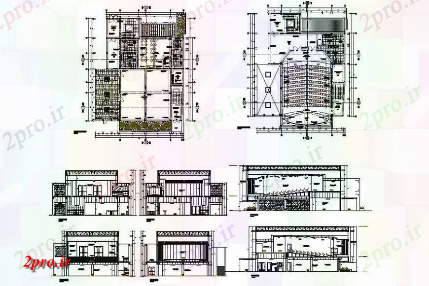 دانلود نقشه تئاتر چند منظوره - سینما - سالن کنفرانس - سالن همایشبرنامه و جزئیات مقطعی از سالن ساخت طرحی 20 در 24 متر (کد132478)