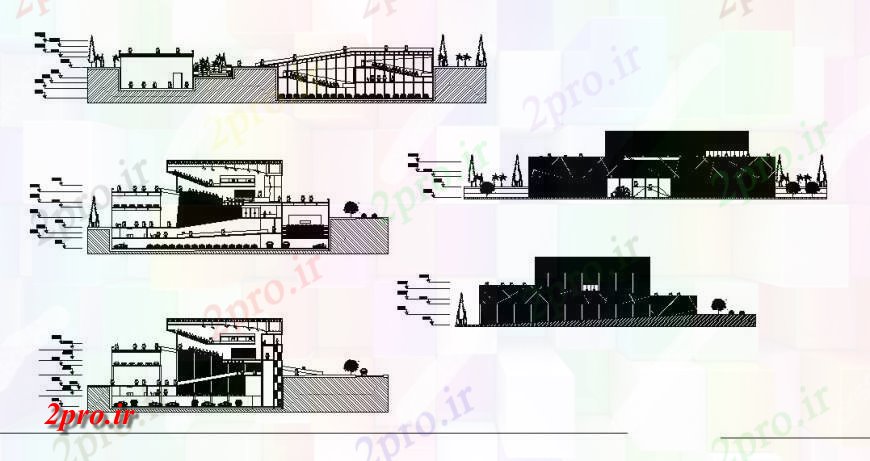 دانلود نقشه تئاتر چند منظوره - سینما - سالن کنفرانس - سالن همایشنما و جزئیات مقطعی از واحد ساخت و ساز بلوک ساختمان تئاتر  (کد132479)