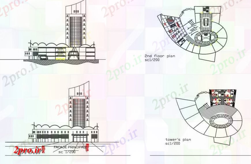 دانلود نقشه معماری معروف طرحی ساختمان برج و نما بلوک ساختاری  (کد132517)