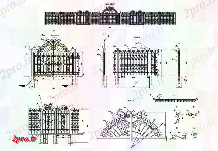 دانلود نقشه طراحی جزئیات ساختار حصار خیابان کلاسیک و نما دروازه، بخش و خودکار  جزئیات (کد132519)