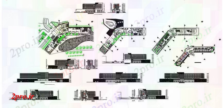 دانلود نقشه ساختمان اداری - تجاری - صنعتی طرحی جزئیات ساختمان مرکز تجاری، نما و بخش دو بعدی چیدمان اتوکد 33 در 120 متر (کد132586)